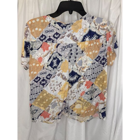 Dear John Womens Patchwork Print Top L Rayon Cotton Blend Multicolor Short Sleev - Picture 4 of 5
